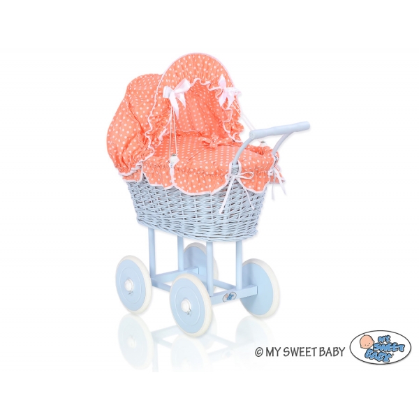 Blau Weide Puppenwagen aus Korb mit Bettwäsche Pfirsich- Punktmuster nr 31699-761