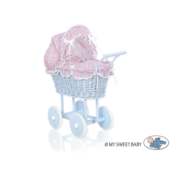 Blau Weide Puppenwagen Korb Bettwäsche rosa Blümchen