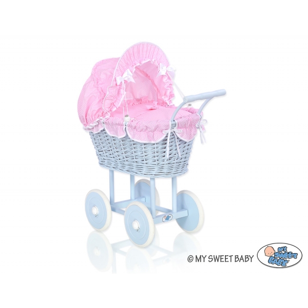Puppenwagen Korb Blau Weide Bettwäsche Rosa Kariert nr 31699-377