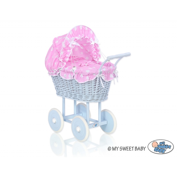 Blau Weide Puppenwagen Bettwäsche Rosa Punktmuster Korb