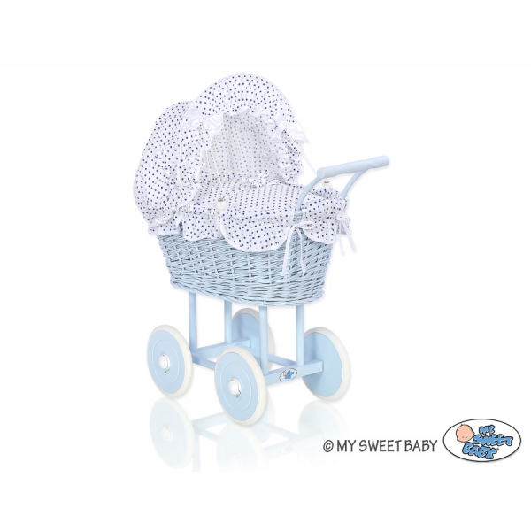 Blau Weide Puppenwagen Bettwäsche Weiß mit Marineblau Punktemuster Korb