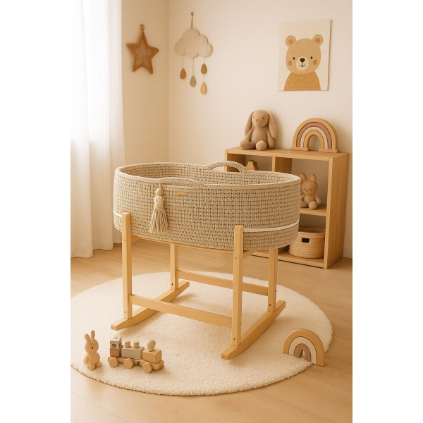 Boho Moseskorb Häkeln mit Wiege Gestell -hellbeige