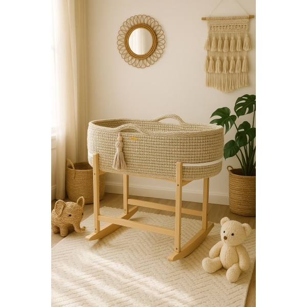 Boho Moseskorb Häkeln mit Wiege Gestell -hellbeige