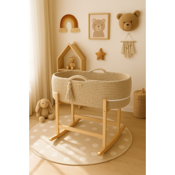 Boho Moseskorb Häkeln mit Wiege Gestell -hellbeige