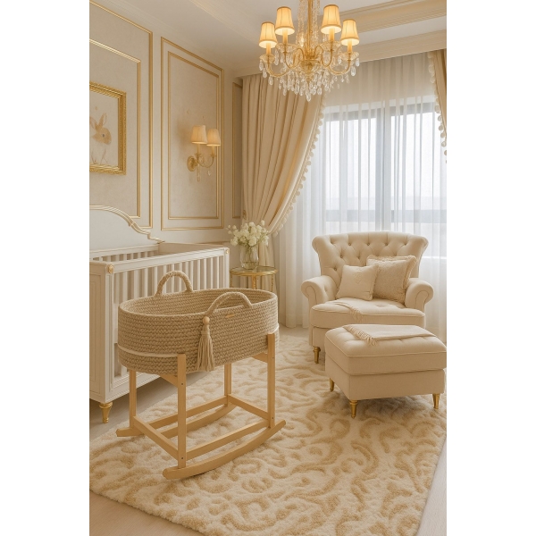 Boho Moseskorb Häkeln mit Wiege Gestell -hellbeige