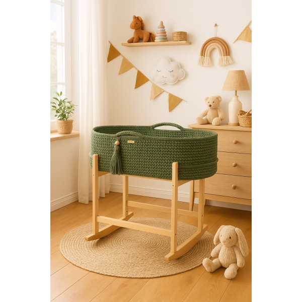 Boho Moseskorb Häkeln mit Wiegeständer - pistazie