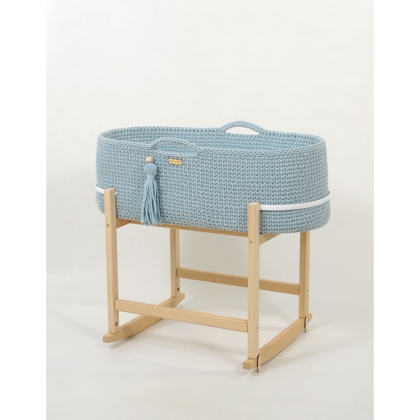 Boho Moseskorb mit Matratze und Schaukelständer - misty blue