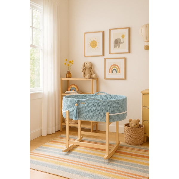 Boho Moseskorb mit Matratze und Schaukelständer - misty blue