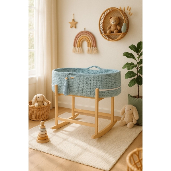 Boho Moseskorb mit Matratze und Schaukelständer - misty blue