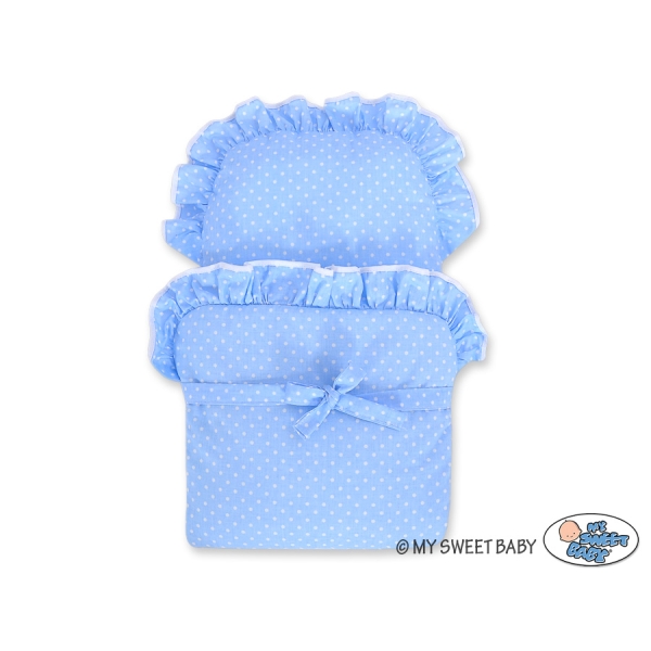 Creme Weide Puppenwagen Rattan Geflecht Bettwäsche Blau mit Weiß Punktmuster nr 101699-588