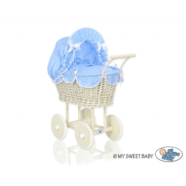 Creme Weide Puppenwagen Rattan Geflecht Bettwäsche Blau mit Weiß Punktmuster nr 101699-588