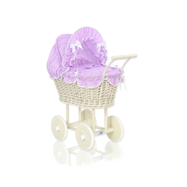 Creme Rattangeflecht  Weide Puppenwagen Bettwäsche Lila mit Weiß Punktmuster nr 101699-534