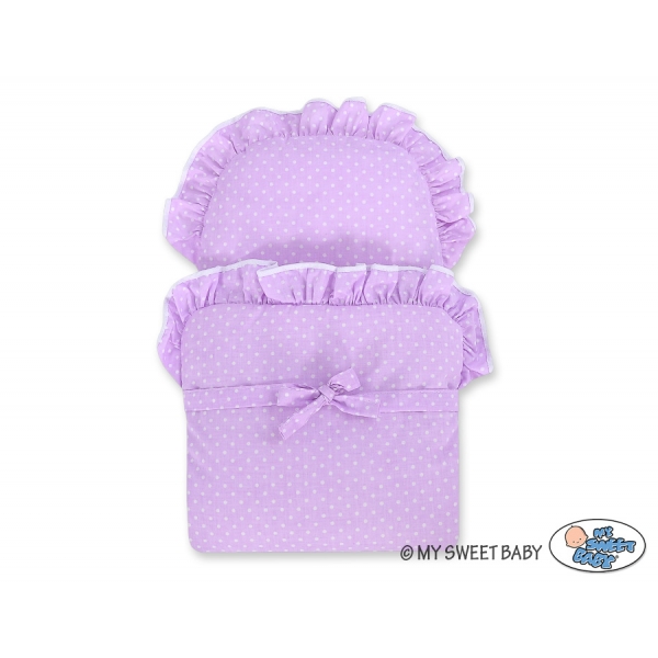 Creme Rattangeflecht  Weide Puppenwagen Bettwäsche Lila mit Weiß Punktmuster nr 101699-534