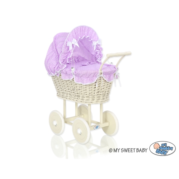 Creme Rattangeflecht  Weide Puppenwagen Bettwäsche Lila mit Weiß Punktmuster nr 101699-534