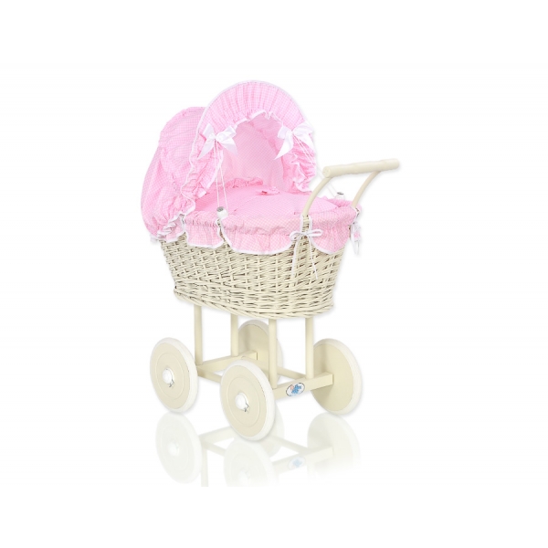 Creme Weide Puppenwagen Bettwäsche Rosa Kariert  Rattangeflecht