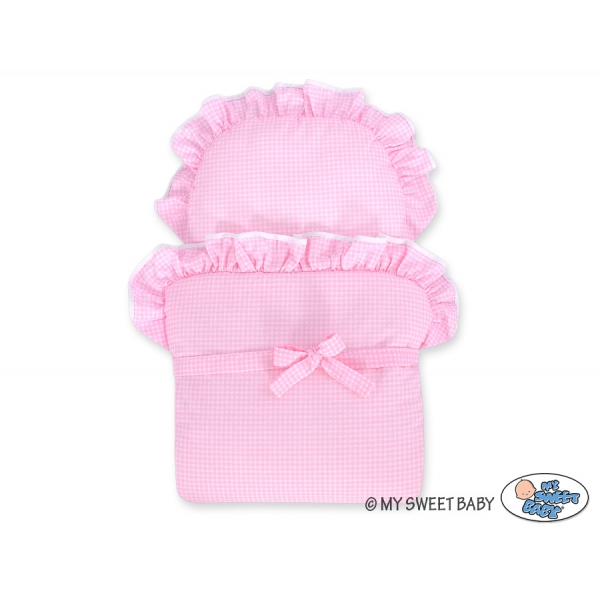 Creme Weide Puppenwagen Bettwäsche Rosa Kariert  Rattangeflecht