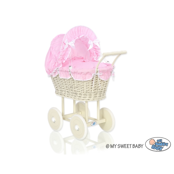 Creme Weide Puppenwagen Bettwäsche Rosa Kariert  Rattangeflecht