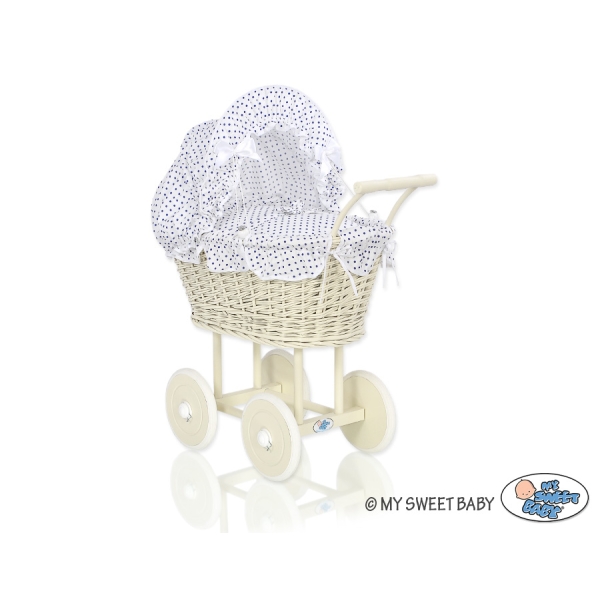Creme Weide Puppenwagen Bettwäsche Weiß mit Marineblau Punktemuster nr 101699-727