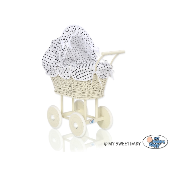 Creme Weide Puppenwagen Bettwäsche Weiß mit Schwarz Punktemuster nr 101699-738
