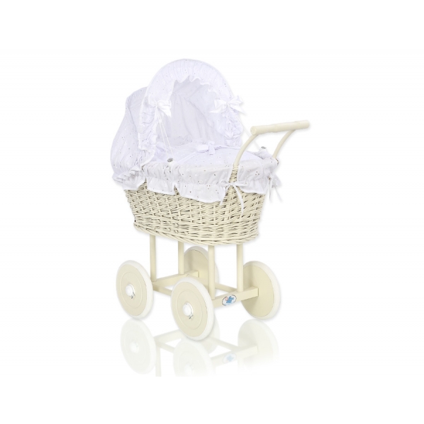 Creme Weide Geflecht Puppenwagen Weiß Weiß mit Stickerei nr 101699-906