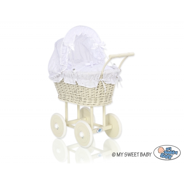 Creme Weide Geflecht Puppenwagen Weiß Weiß mit Stickerei nr 101699-906
