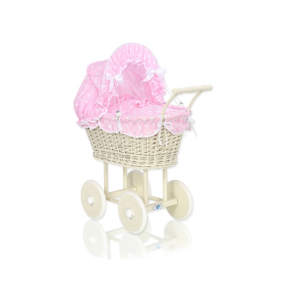 Creme Weide Retro Puppenwagen Rattangeflecht Bettwäsche Rosa Punktmuster nr 101699-553