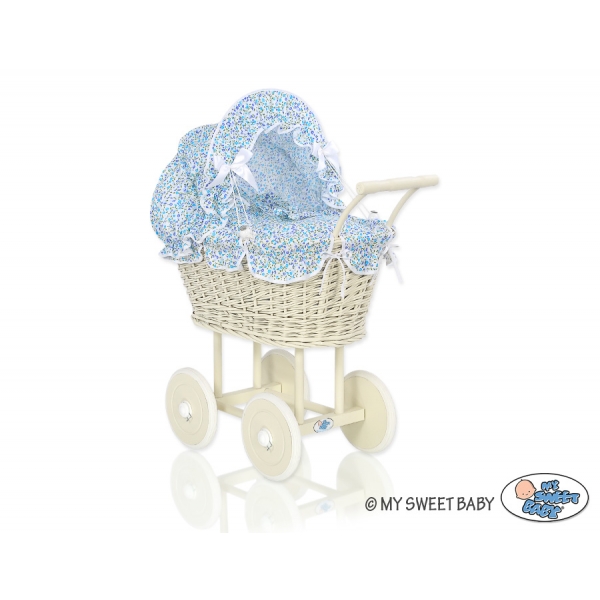Creme Weide Rattangeflecht Vintage Puppenwagen Bettwäsche blaue Blümchen nr 101699-532
