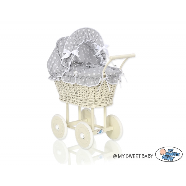 Creme Weide Vintage Puppenwagen Bettwäsche Grau mit Weiß Punktmuster nr 101699-583