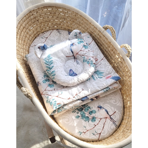 Decke mit Kissen Teddybär für Moseskorb 2tlg - Blue birds