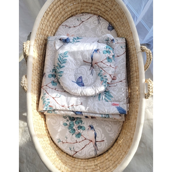 Decke mit Kissen Teddybär für Moseskorb 2tlg - Blue birds