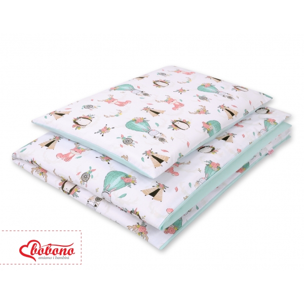 Doppelseitiges Bettwäsche Set 2-tlg - Füchse beige/minze
