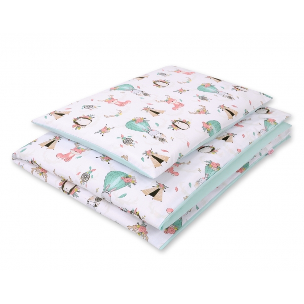 Doppelseitiges Bettwäsche Set 2-tlg - Füchse beige/minze
