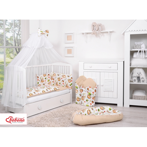 Doppelseitiges Bettwäsche Set 5-tlg mit Moskitonetz - Faultiere beige/beige