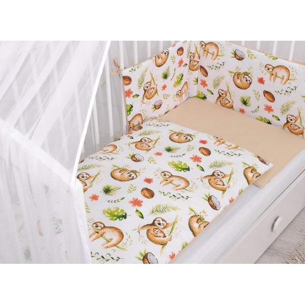 Doppelseitiges Bettwäsche Set 5-tlg mit Moskitonetz - Faultiere beige/beige