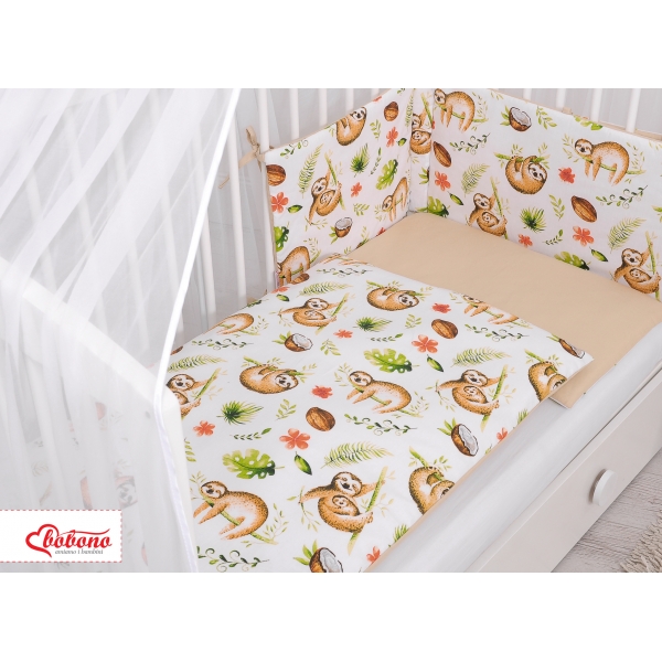 Doppelseitiges Bettwäsche Set 5-tlg mit Moskitonetz - Faultiere beige/beige