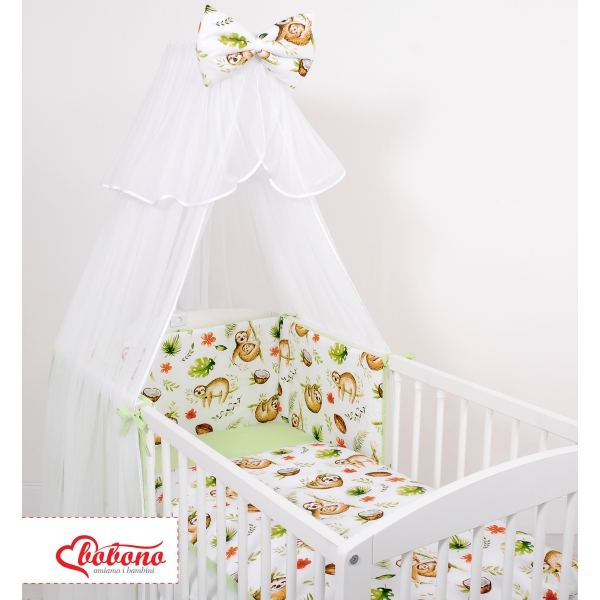 Doppelseitiges Bettwäsche Set 5-tlg mit Moskitonetz - Faultiere beige/grün