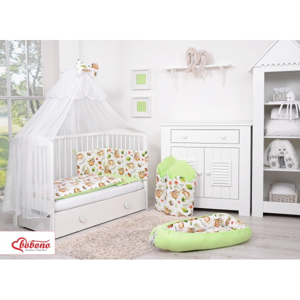 Doppelseitiges Bettwäsche Set 5-tlg mit Moskitonetz - Faultiere beige/grün