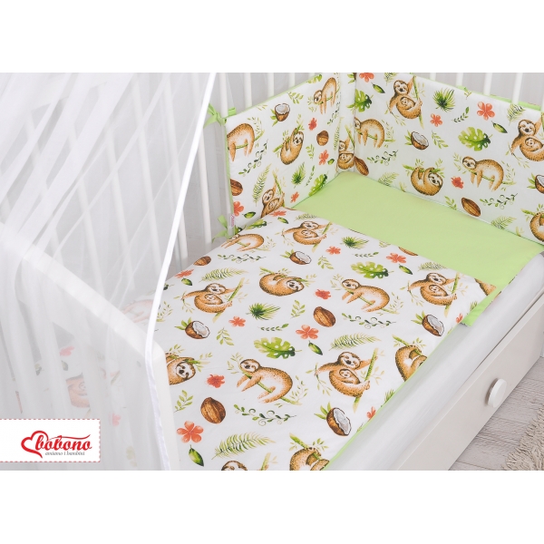 Doppelseitiges Bettwäsche Set 5-tlg mit Moskitonetz - Faultiere beige/grün