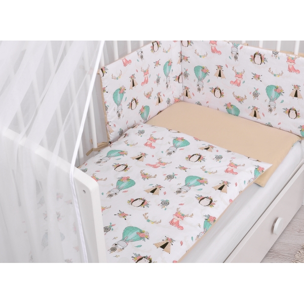 Doppelseitiges Bettwäsche Set 5-tlg mit Moskitonetz - Füchse beige/beige
