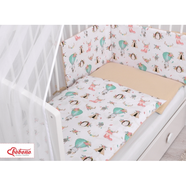 Doppelseitiges Bettwäsche Set 5-tlg mit Moskitonetz - Füchse beige/beige