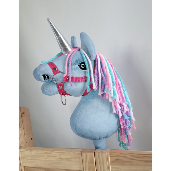 Einhorn Steckenpferd Blau mit bunter Mähne - A4 bunt