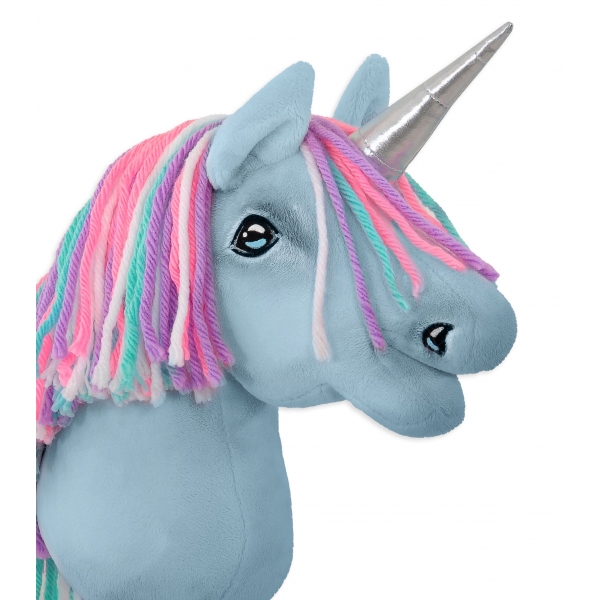 Einhorn Steckenpferd Blau mit bunter Mähne - A4 bunt