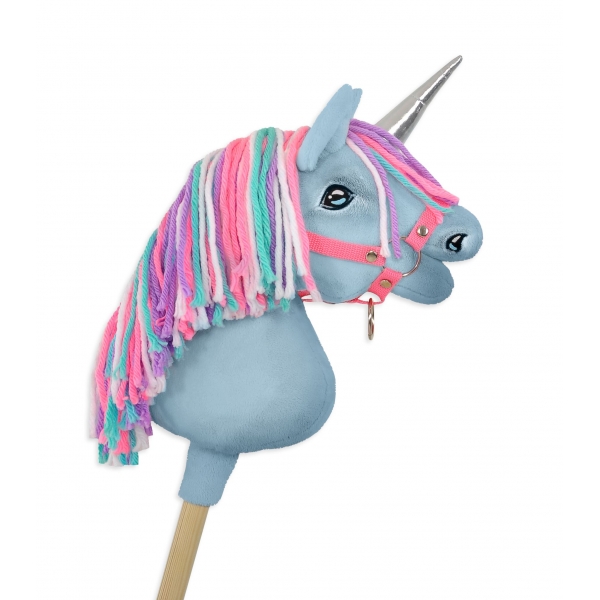 Einhorn Steckenpferd Blau mit bunter Mähne - A4 bunt