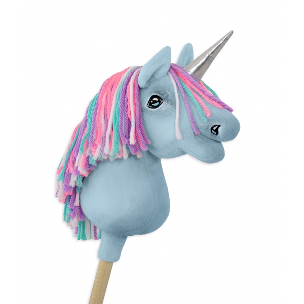 Einhorn Steckenpferd Blau mit bunter Mähne - A4 bunt