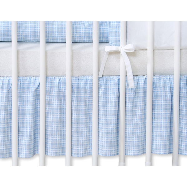 Fest gefaltete Rüsche für Babybett 140x70cm - Hängende Herzen blau kariert