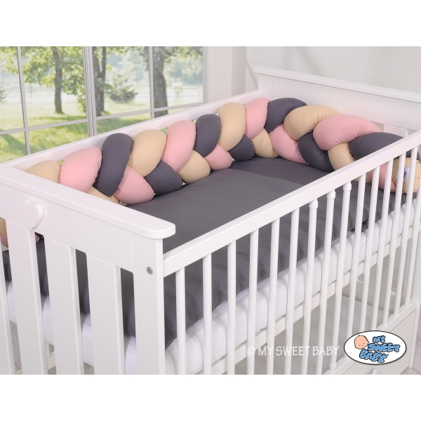 Geflochtene Bettumrandung für Babybett - beige-anthrazit-altrosa