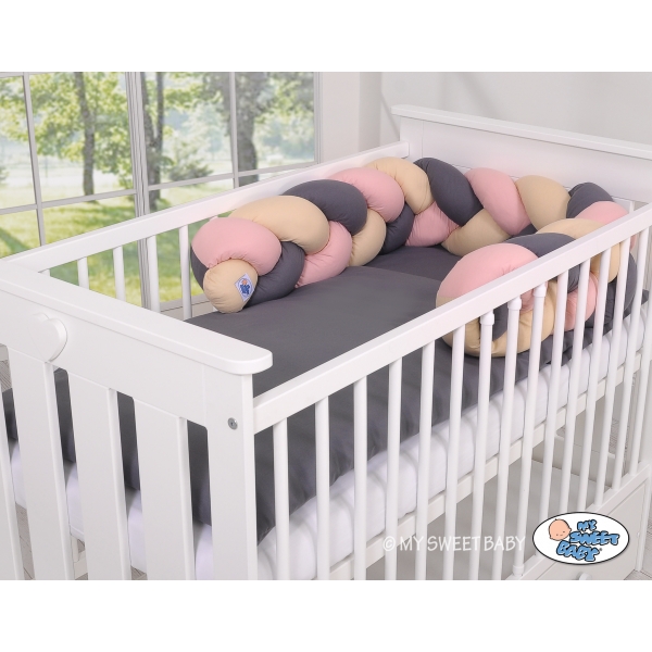 Geflochtene Bettumrandung für Babybett - beige-anthrazit-altrosa