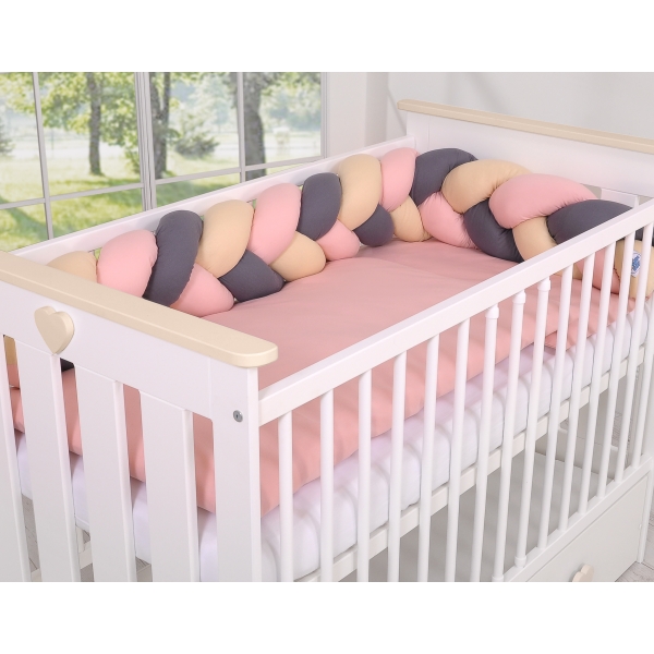 Geflochtene Bettumrandung für Babybett - beige-anthrazit-altrosa