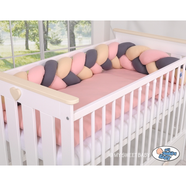 Geflochtene Bettumrandung für Babybett - beige-anthrazit-altrosa