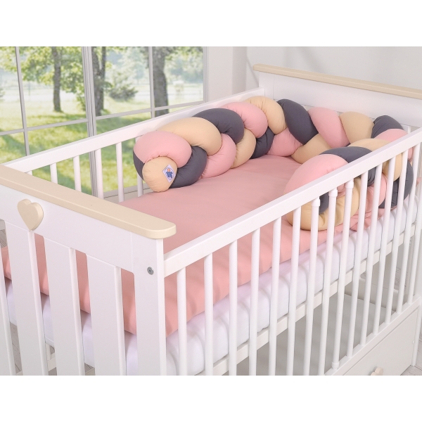 Geflochtene Bettumrandung für Babybett - beige-anthrazit-altrosa